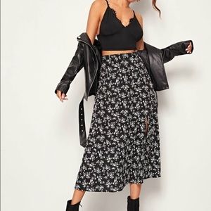 Ditsy floral print wideband waist high split skirt